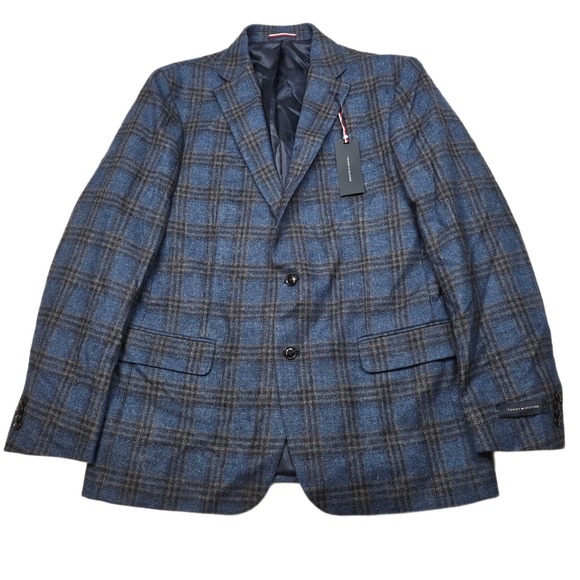 Tommy Hilfiger Conrad Mens Sport Coat 44L 44 Blue Brown Plaid Wool $375 NEW‎